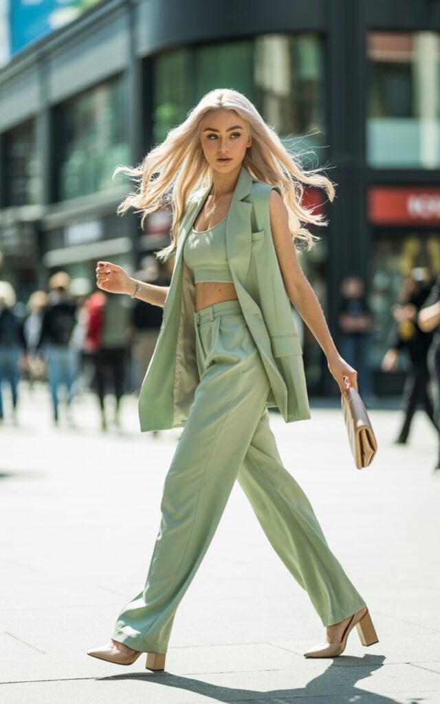 Full-body image of a white-skinned woman with silky long blonde hair, wearing a mint co-ord set with a matching vest, crop top, and trousers, plus neutral heels. Shot in a trendy city shopping district under bright daylight. She walks confidently with one hand holding a small clutch. Fresh, stylish vibe.
