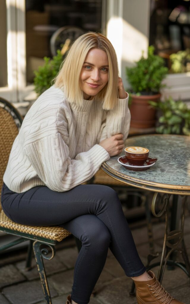 Full-body image of a white-skinned woman with straight blonde hair, posing casually at a cozy café patio. She wears a chunky beige knit sweater, dark blue jeggings, and ankle boots. A cappuccino sits on the table beside her. Natural window light highlights the sweater’s texture and her relaxed, confident smile.