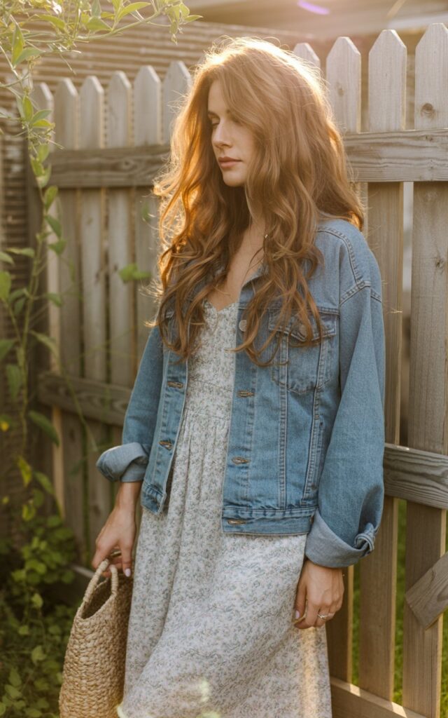 Full-body image of a white-skinned woman with wavy chestnut hair, standing near a garden fence during golden hour. She wears a floral dress layered with a light-wash denim jacket, and ankle boots. She holds a straw bag loosely at her side. Soft sunlight gives the image a dreamy, classic feel.
