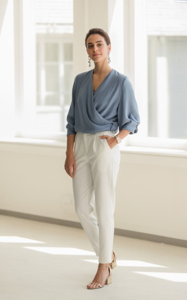 Full-body image of a woman in a soft blue wrap top paired with white slim trousers. She’s photographed against a minimalist office background with natural daylight. She wears strappy heels and delicate earrings. Her pose is relaxed, one hand tucked in pocket, a subtle confident smile.