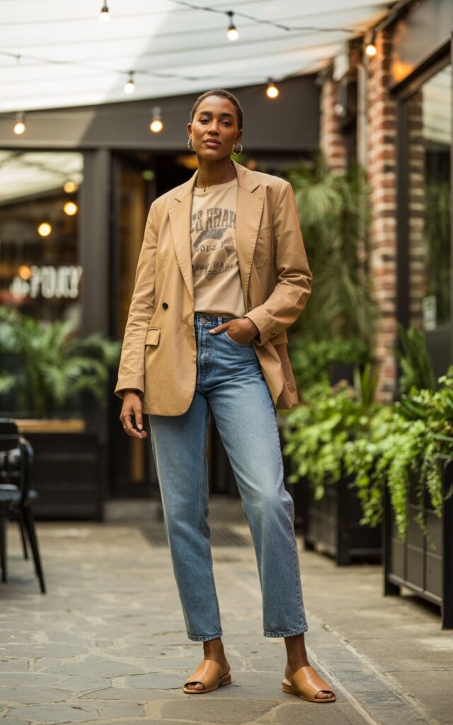 Full-body image taken in a trendy café courtyard. Model wears a relaxed-fit blazer, graphic tee, straight jeans, and slip-on mules. Natural daylight filtered through string lights. Confident pose with one hand in pocket. Cloth textures and natural skin details included.