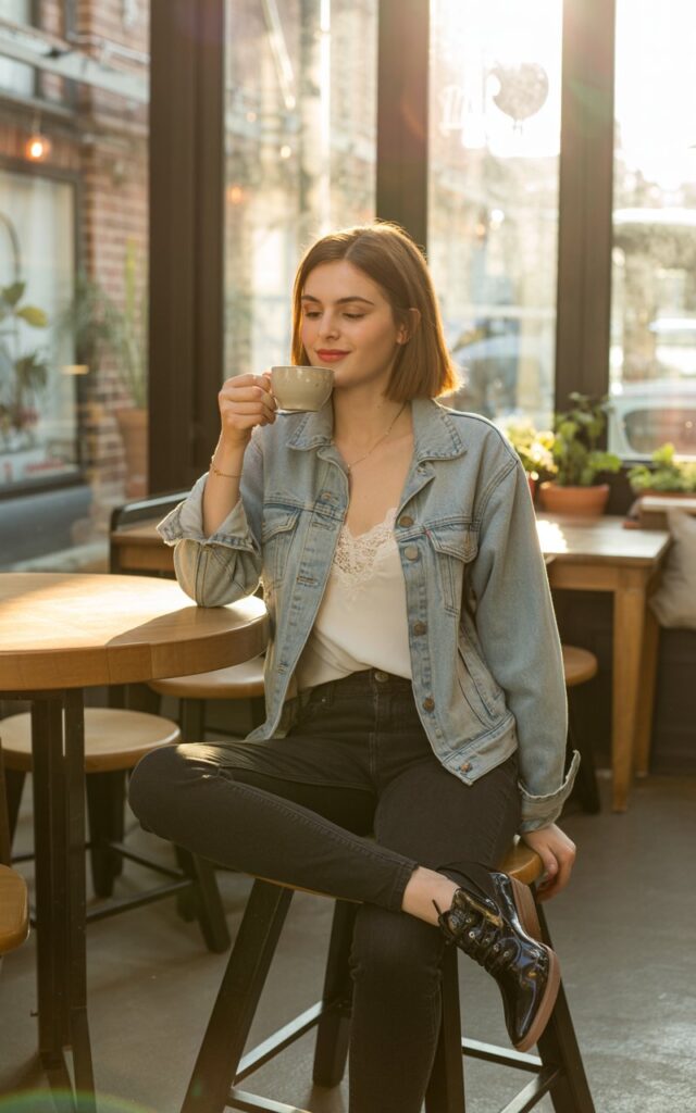 Full-body indoor café setting. Model sits on a stool wearing a light denim jacket over a white lace camisole, black jeans, and ankle boots. Warm golden-hour light streaming through window. Pose natural, smiling softly while sipping coffee. Calm and effortlessly stylish.