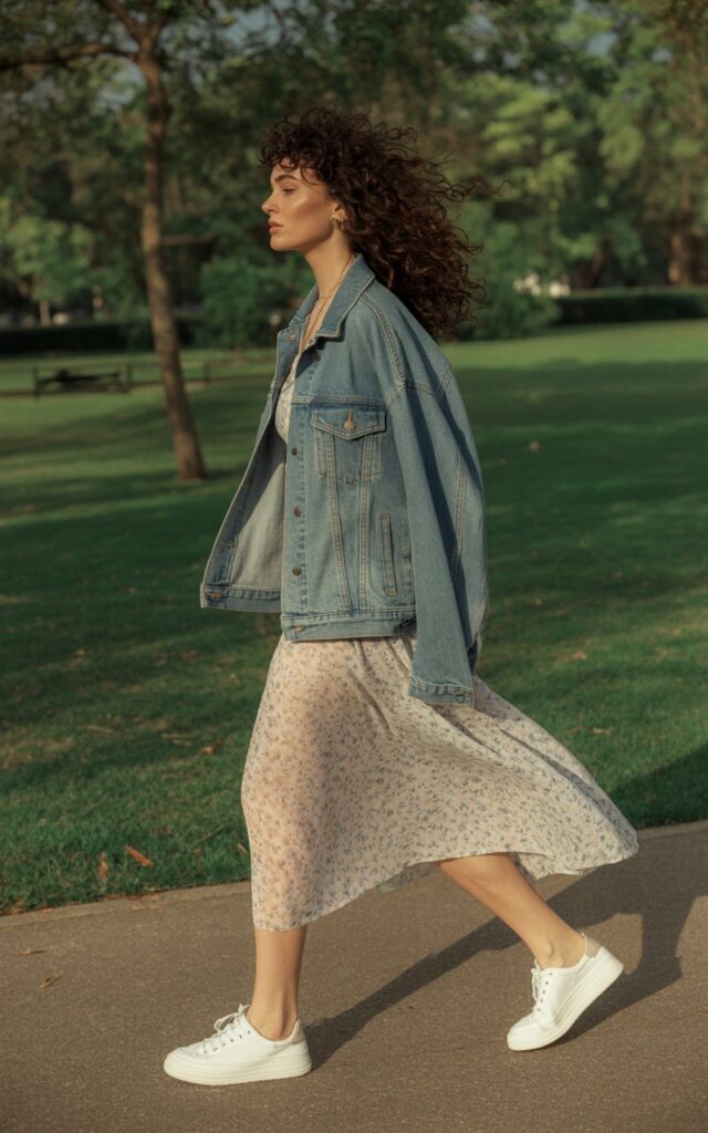 Full-body of a white-skinned model with curly dark hair, wearing a mid-length floral dress layered with a light blue denim jacket and white sneakers. Outdoor park background, soft morning light. Walking, mid-step, hair bouncing naturally. Editorial realism, textures of denim and dress fabric highlighted, natural makeup.