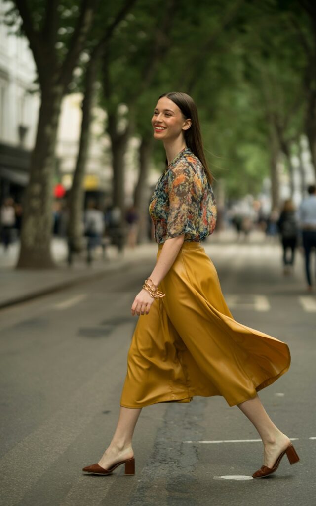 Full-body of a white-skinned model with sharp features and straight dark hair, wearing a colorful printed shirt tucked into a flowing mustard midi skirt, brown block heels, and gold bracelets. She walks through a tree-lined pedestrian street, morning daylight soft and diffused. Smiling, mid-step, looking away candidly. Editorial realism skin texture, slight freckles, natural hair, soft shadowing on skirt folds.