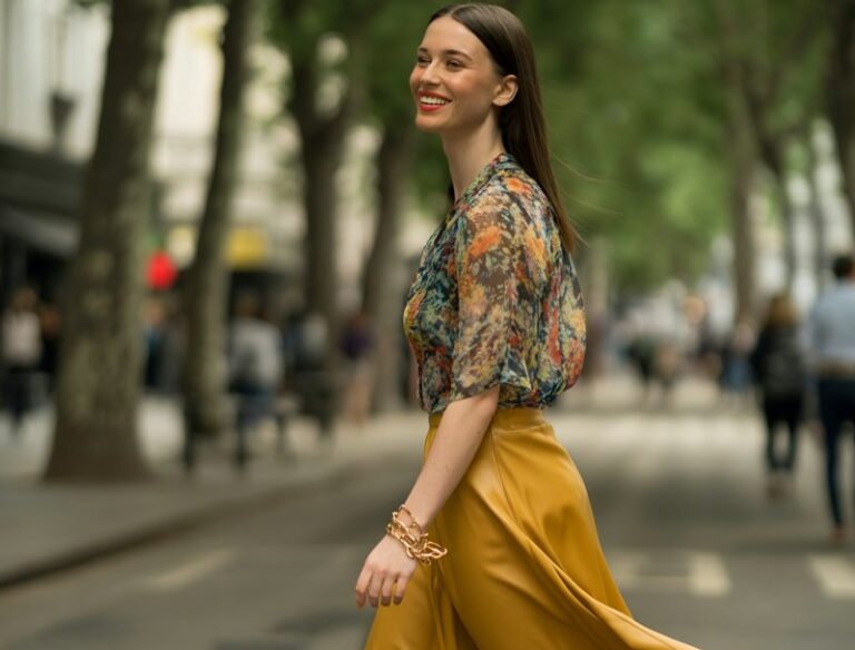 Full-body of a white-skinned model with sharp features and straight dark hair, wearing a colorful printed shirt tucked into a flowing mustard midi skirt, brown block heels, and gold bracelets. She walks through a tree-lined pedestrian street, morning daylight soft and diffused. Smiling, mid-step, looking away candidly. Editorial realism skin texture, slight freckles, natural hair, soft shadowing on skirt folds.