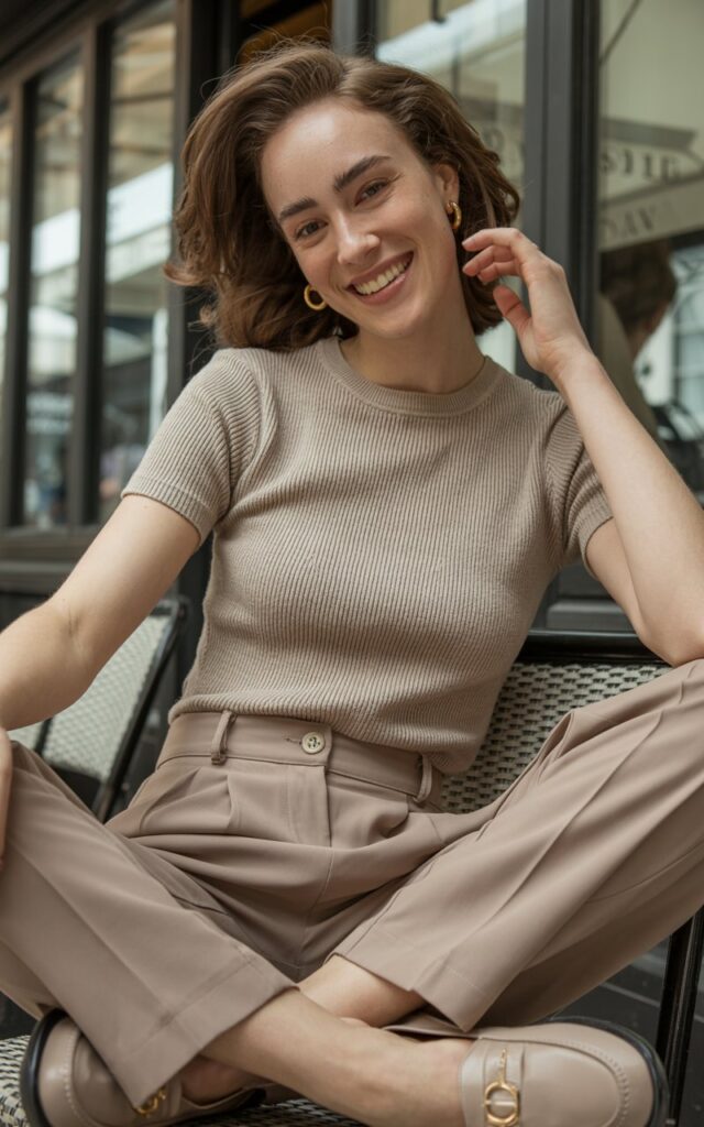 Full-body of a white-skinned model with soft brown hair, wearing a beige ribbed knit top tucked into high-waisted taupe pleated trousers, loafers, and simple hoop earrings. Sitting on a café terrace, soft indoor daylight. Cross-legged on bench, playful grin, hands adjusting hair. Skin texture natural, slight imperfections, realistic folds of knit and pleats. Warm, editorial fashion photography.