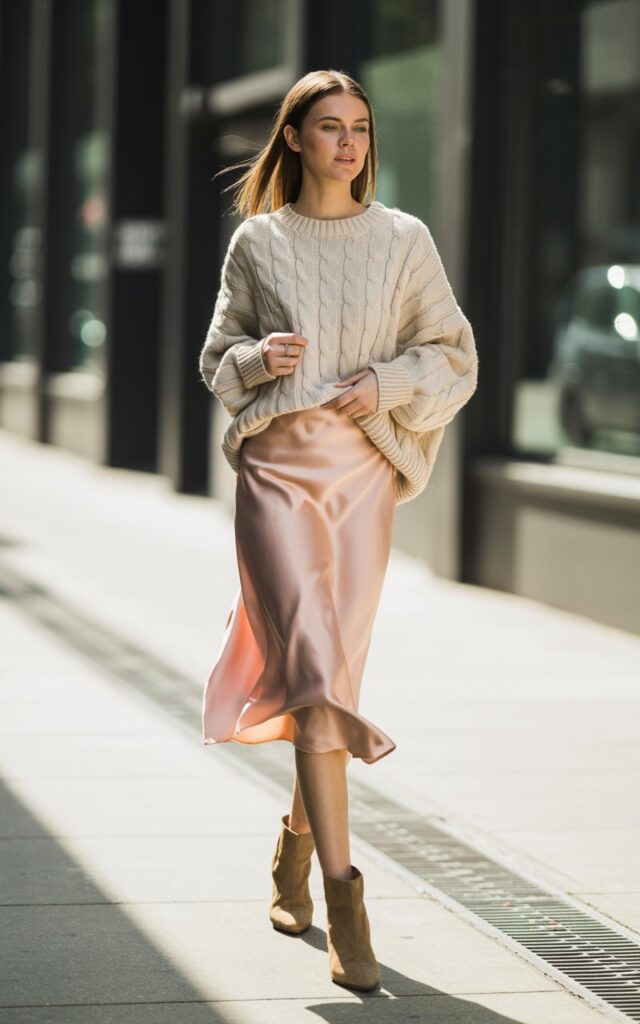 Full-body of a white-skinned model with straight light brown hair, wearing a blush satin slip skirt, oversized cream knit sweater, and tan ankle boots. Outdoor city sidewalk in soft daylight. Mid-step pose, sweater sleeve slightly pushed up. Skin texture natural, realistic fabric drape, editorial casual chic aesthetic.