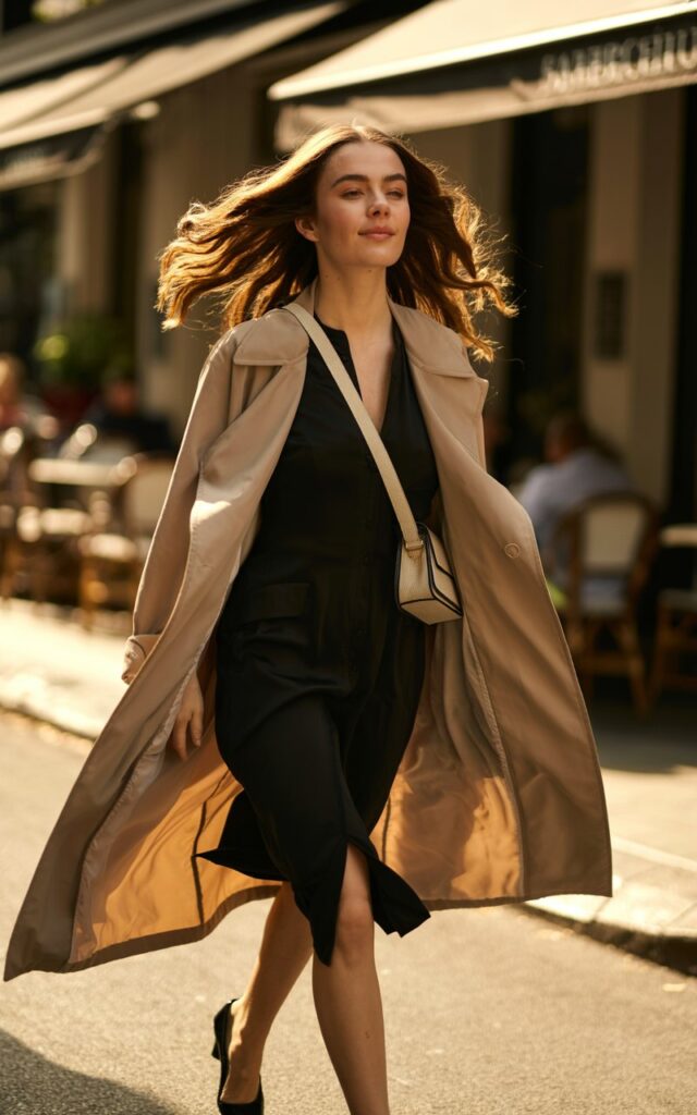 Full-body of a white-skinned model with wavy brunette hair, wearing a classic black dress layered with a beige trench coat, black heels, and crossbody bag. Street café background with warm afternoon light. Walking confidently, trench coat flowing, slight smile. Skin texture realistic, natural hair movement, folds and shine on coat and dress visible. Fashion editorial aesthetic.