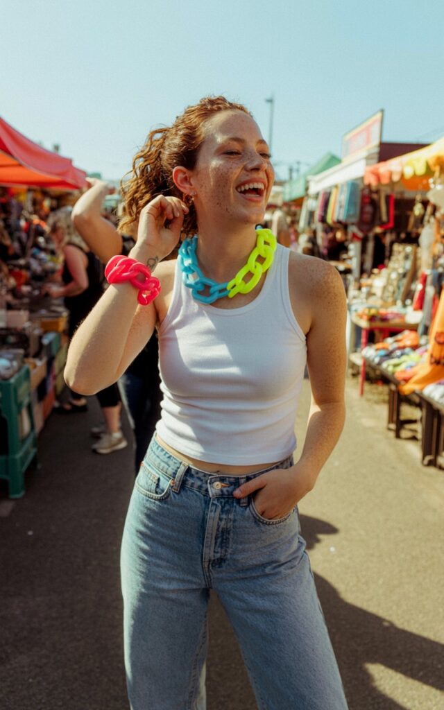 Full-body outdoor flea-market setting with colorful stalls behind her. Model wears a simple tank top and flared pants paired with oversized chunky plastic jewelry in neon colors. Golden hour lighting. Curly hair tucked behind one ear, natural freckles visible. She laughs while adjusting a bracelet, relaxed and candid.