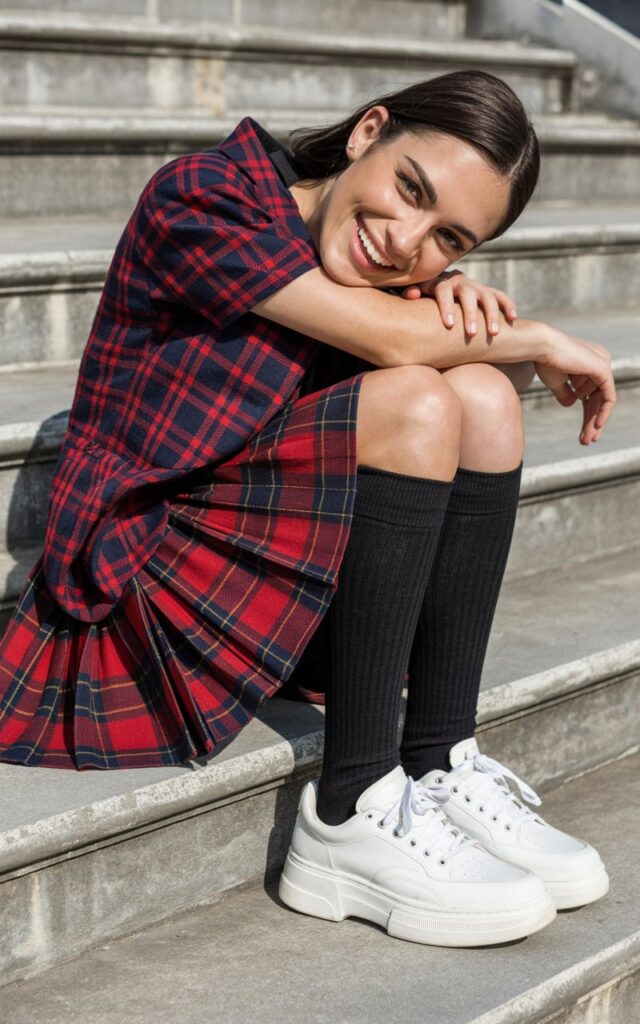 Full-body outdoor photo on concrete steps. Model wears a plaid skirt, black knee-high socks, and white platform sneakers. Natural daylight with bright contrast. Sitting casually, leaning on knees with a playful smile. Youthful energy, clean sharp details in texture and fabric.