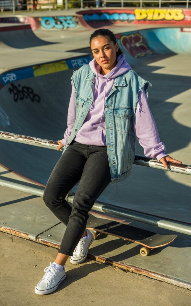 Full-body outdoor scene at a skate park. Women Model wears a pastel hoodie under a distressed denim vest, black jeans, and sneakers. Natural daylight, dynamic composition with skateboard in the background. Pose leaning against rail, calm but edgy expression. Authentic streetwear look.