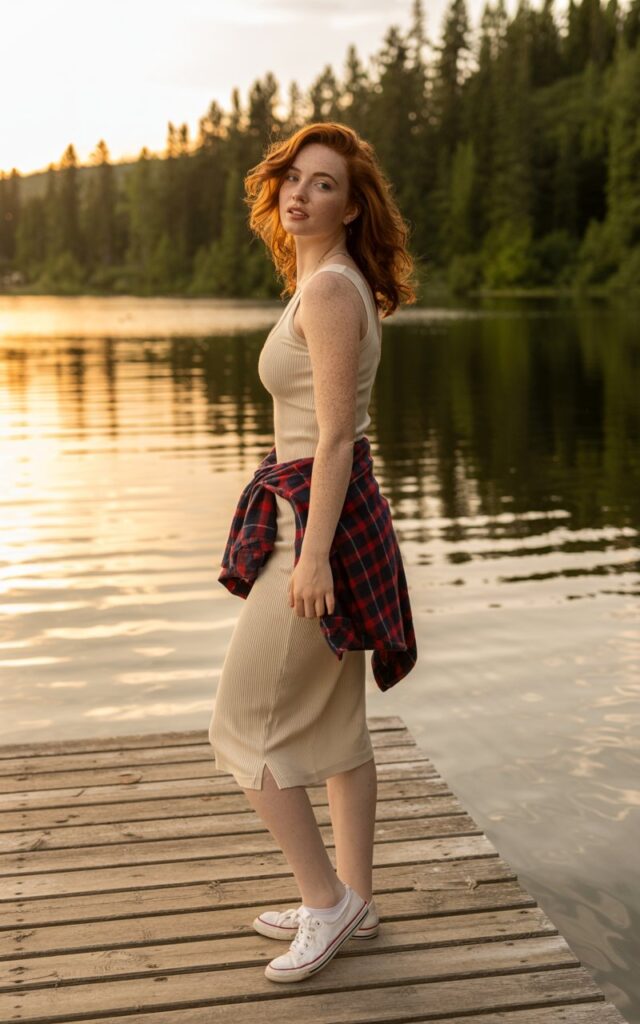 Full-body outdoor shot at a lakeside wooden dock. Model wears a ribbed tank dress, flannel shirt tied at the waist, canvas sneakers, and messy waves. Golden-hour lighting with warm tones. She stands looking over her shoulder. Natural freckles and light wind in hair.