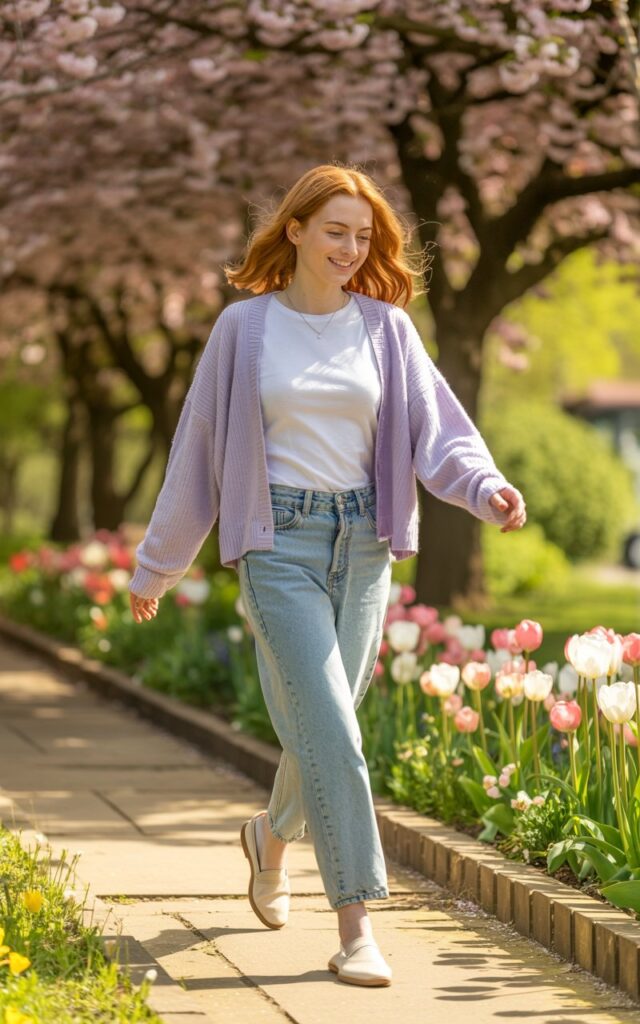Full-body outdoor shot in a blossoming garden with bright daylight. She wears a pastel cardigan, white tee, mom jeans, and slip-on flats. Hair is slightly wavy, framing her face. She walks lightly through the path with a gentle smile.