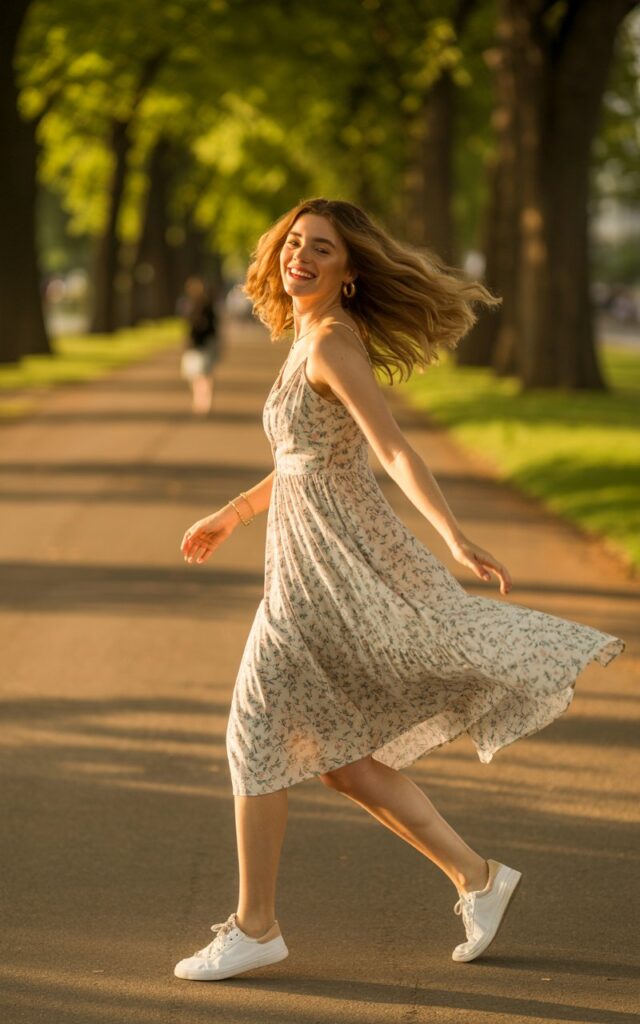 Full-body outdoor shot in a park walkway during golden hour. Model wears a flowy floral midi dress with white sneakers, minimal jewelry, and loose wavy hair. Warm golden light illuminating soft textures. She spins slightly, dress moving naturally. Natural skin detail and candid joy on her face.