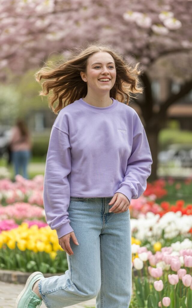Full-body outdoor springtime garden setting. Model wears a pastel sweatshirt, light jeans, pastel sneakers, and loose wavy hair. Soft daylight with blooming flowers behind her. Friendly standing pose with gentle smile. Authentic skin texture and natural color tones.