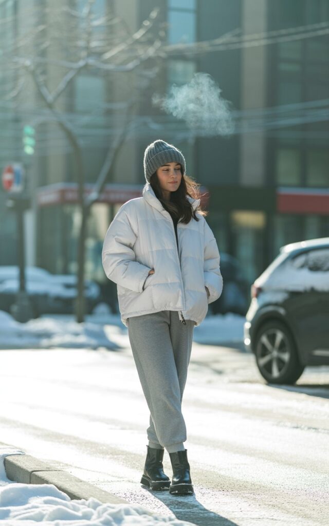 Full-body outdoor winter street scene with natural daylight. She wears a white puffer jacket, grey joggers, chunky boots, and a beanie. Her breath is subtly visible in the cold air. She stands relaxed, hands in pockets, expression soft and natural.