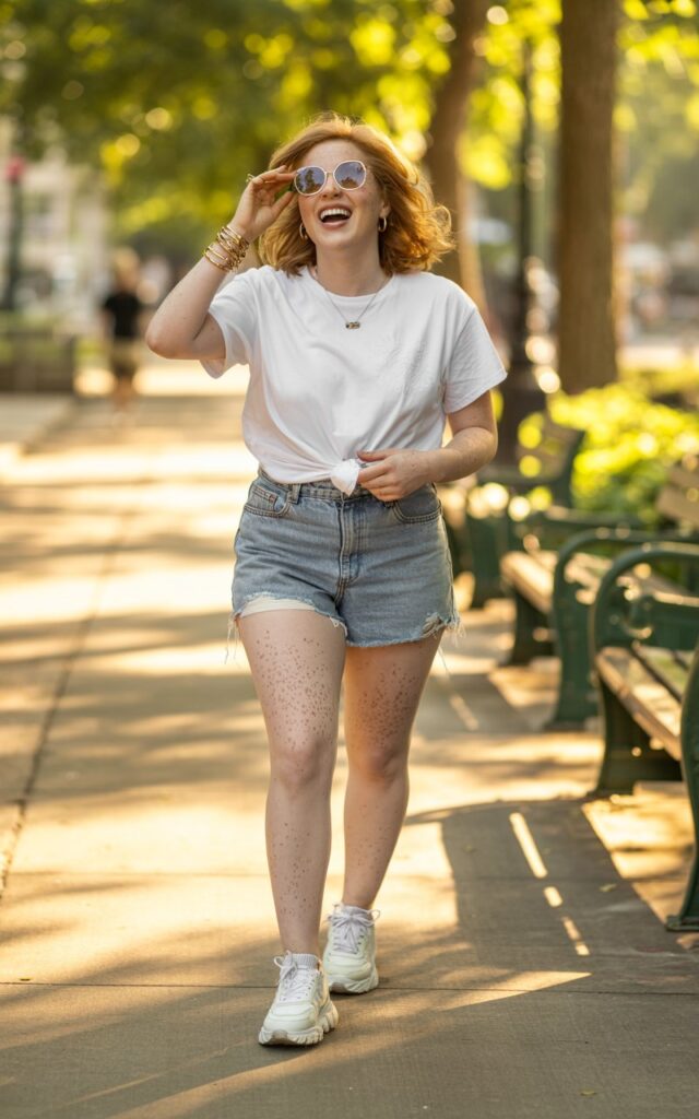 Full-body perspective of a white-skinned model with shoulder-length hair, wearing a white graphic tee tucked into light distressed denim shorts, chunky sneakers, layered bracelets, and sunglasses. Setting sunlit urban park walkway. Pose walking confidently, mid-laugh, hands adjusting sunglasses. Skin realism emphasized, natural makeup, slight freckles, soft shadows.