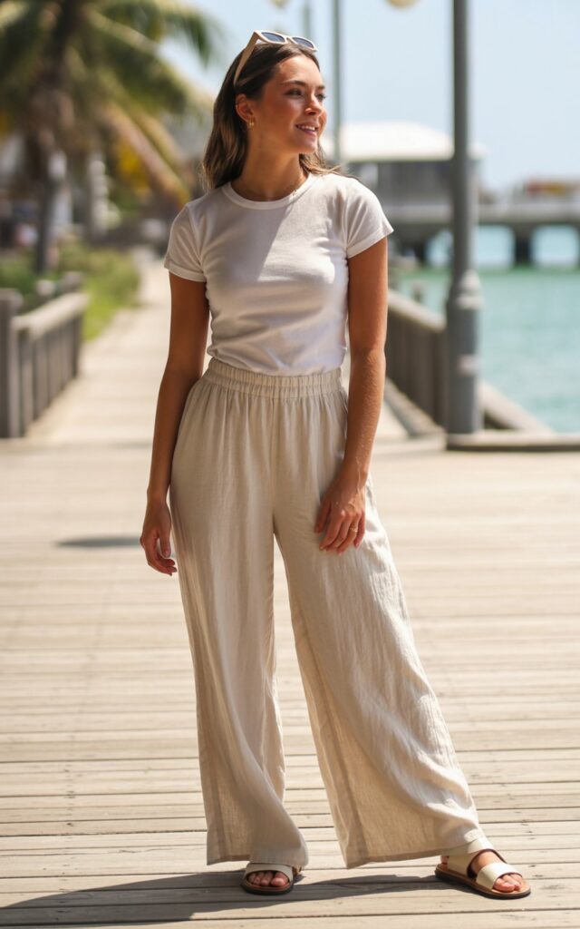 Full-body photo in a bright beachside boardwalk. Model wears a fitted baby tee, wide-leg linen pants, sandals, and sunglasses on her head. Bright natural daylight. Casual stance with gentle smile. Realistic linen texture and natural skin details.