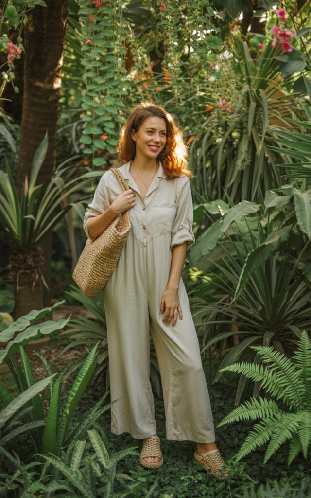 Full-body photo in a bright botanical garden. Model wears a light linen jumpsuit, sandals, a woven tote bag, and soft waves. Diffused daylight filtering through greenery. She stands gracefully with a relaxed smile. Realistic details linen texture, natural highlights on skin.
