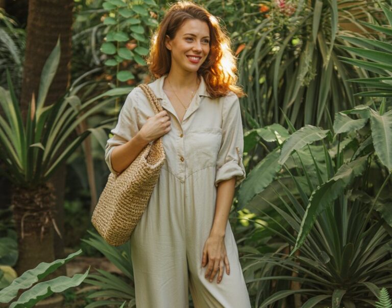 Full-body photo in a bright botanical garden. Model wears a light linen jumpsuit, sandals, a woven tote bag, and soft waves. Diffused daylight filtering through greenery. She stands gracefully with a relaxed smile. Realistic details linen texture, natural highlights on skin.