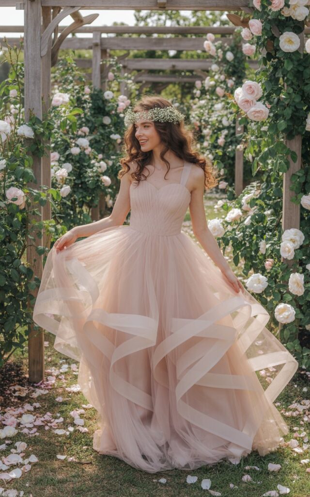 Full-body photo of a fair-skinned model in a blush pink tulle ball gown with layered skirts and a delicate sweetheart bodice. She stands in a dreamy garden setting surrounded by blooming roses during soft daylight. Her brunette hair is styled in loose curls with a floral hairpiece. She holds the skirt slightly as if twirling, wearing a gentle smile. Soft natural lighting captures the airy texture of the tulle and her natural skin details.