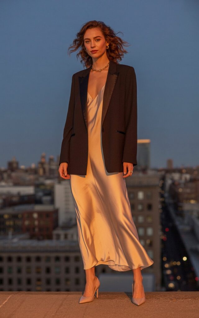Full-body photo of a model in a satin beige slip dress layered under a fitted black blazer. Taken on a city rooftop at dusk with warm ambient lighting. She wears nude heels and subtle gold jewelry. Her hair is loosely curled, expression effortlessly confident, with the skyline in the background.