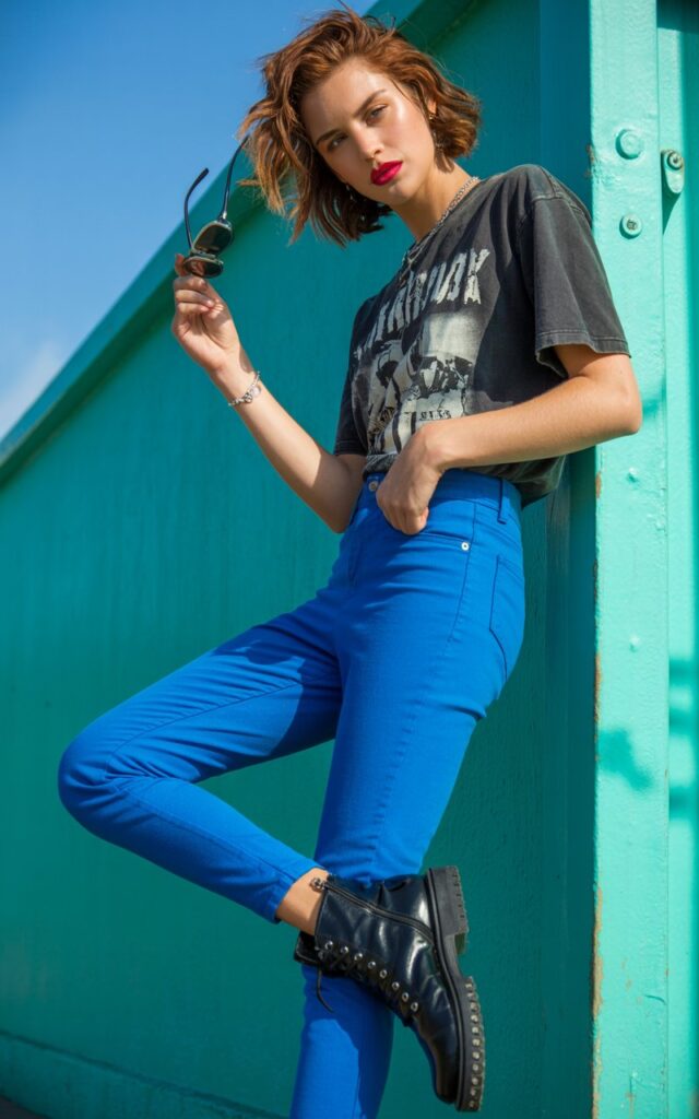 Full-body photo of a model standing against a bright turquoise wall, wearing electric blue skinny jeans, a vintage black band tee, and studded boots. Natural daylight with high contrast. Playful stance, one leg bent, holding sunglasses. Hair messy, bold lip color, energetic and bold.