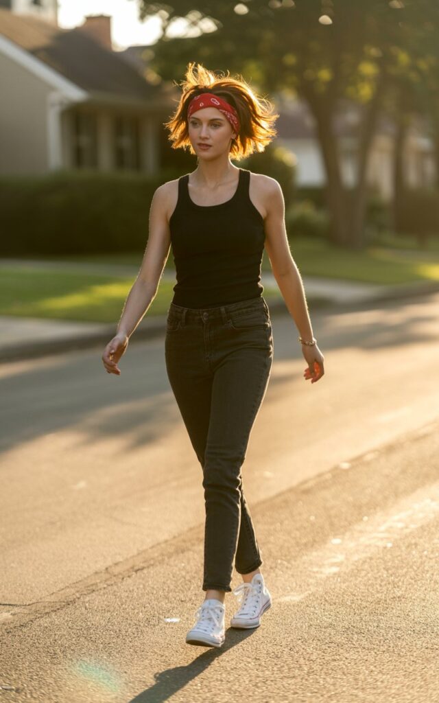 Full-body photo of a model walking on a suburban street. She wears a black tank top, skinny jeans, Converse, and a red bandana headband. Golden afternoon light. Hair choppy with teased texture. Expression carefree, hands swinging at her sides, subtle lens flare behind her.