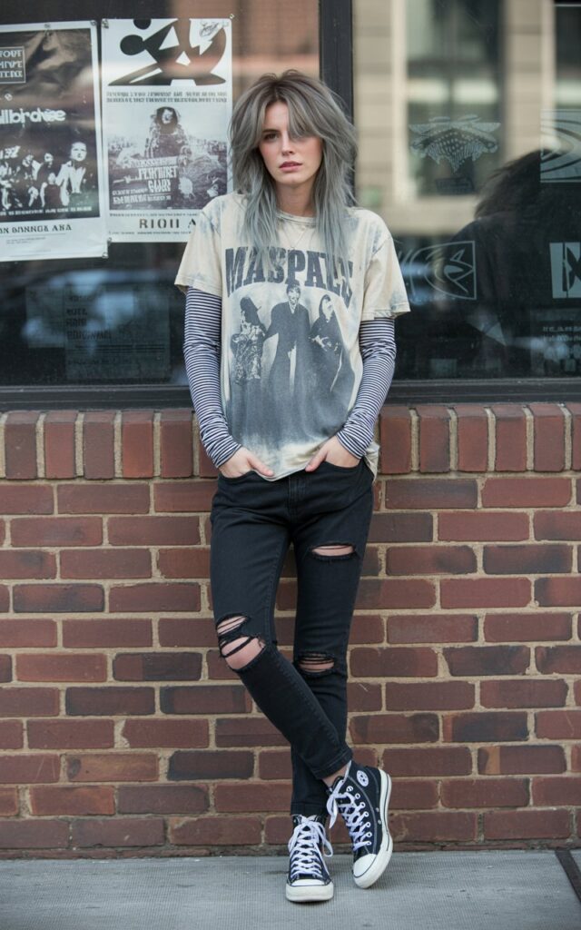 Full-body photo of a white-skinned female model with sharp features and long layered hair, wearing a vintage band tee over black-and-white striped long sleeves, ripped black jeans, and Converse sneakers. She stands casually outside a brick-walled music venue with posters in the background. Natural daylight, slightly overcast for mood. Confident smirk, hands in pockets. Authentic urban MySpace vibe.