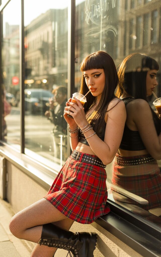 Full-body photo of a white-skinned female model with straight dark hair and bangs, wearing a red plaid mini skirt, black fishnet tights, studded belt, and combat boots. She’s leaning against a café window, sipping iced coffee. Golden hour lighting reflecting off glass. Playful, rebellious expression with bold eyeliner and layered bracelets. Slight motion blur in passing street.