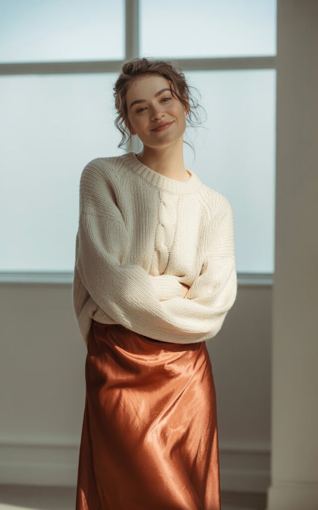 Full-body photo of a white-skinned model with relaxed hair, wearing a cream chunky knit sweater and a rust-colored satin skirt. Clean indoor studio with soft window light. She stands with a gentle smile and relaxed posture. Clear contrast between cozy knits and glossy satin for realism.