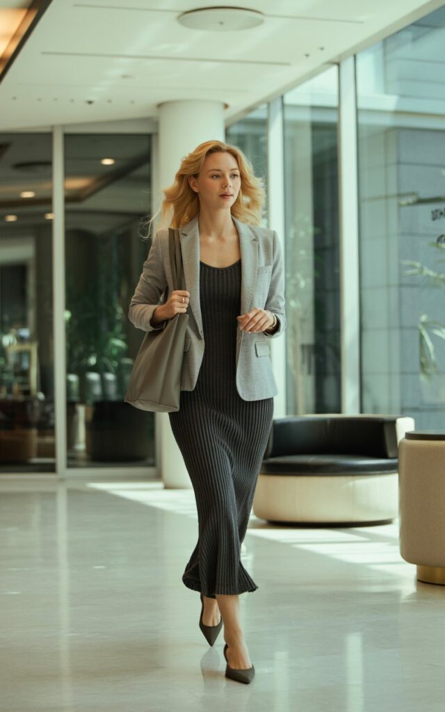 Full-body photo of a white-skinned woman with blonde waves, walking through a modern office lobby. She wears a ribbed black stretchy dress under a light gray casual blazer, and low heels. A sleek tote bag hangs on her shoulder. Soft indoor lighting creates a polished yet comfortable aesthetic.