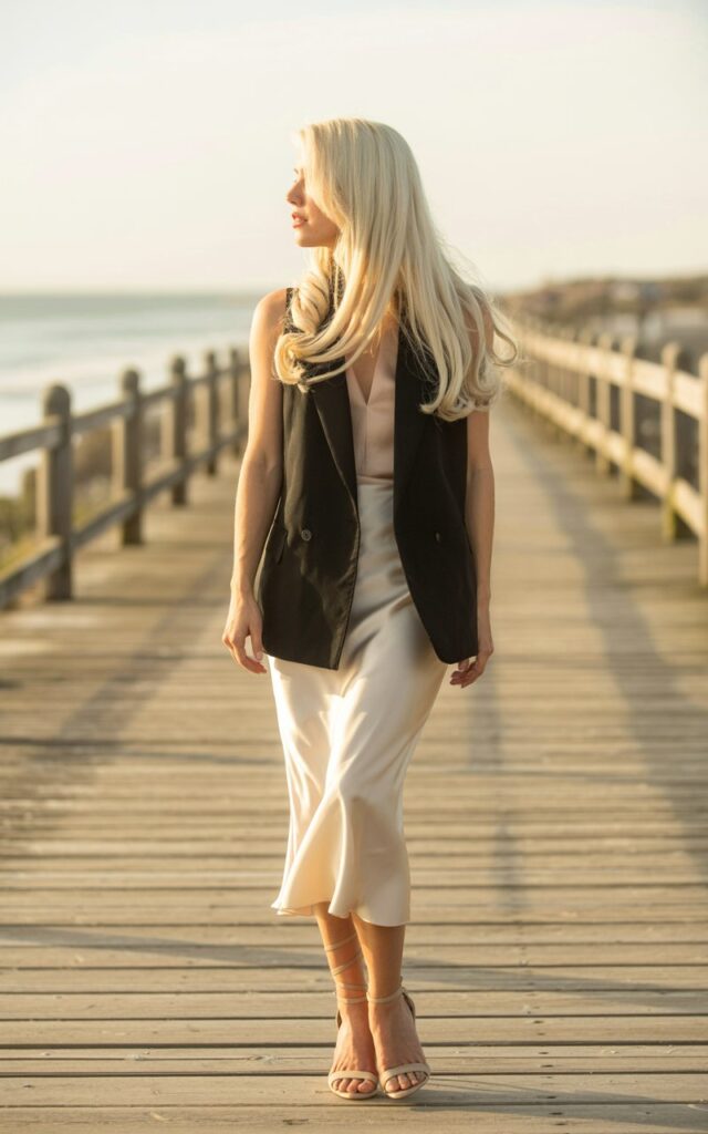 Full-body photo of a white-skinned woman with long flowing blonde hair, wearing a sleek black vest layered over an ivory satin slip skirt, paired with delicate ankle-strap heels. Shot during golden hour near a quiet coastal boardwalk. Light wind moves her hair and skirt softly. Elegant, dreamy vibe.