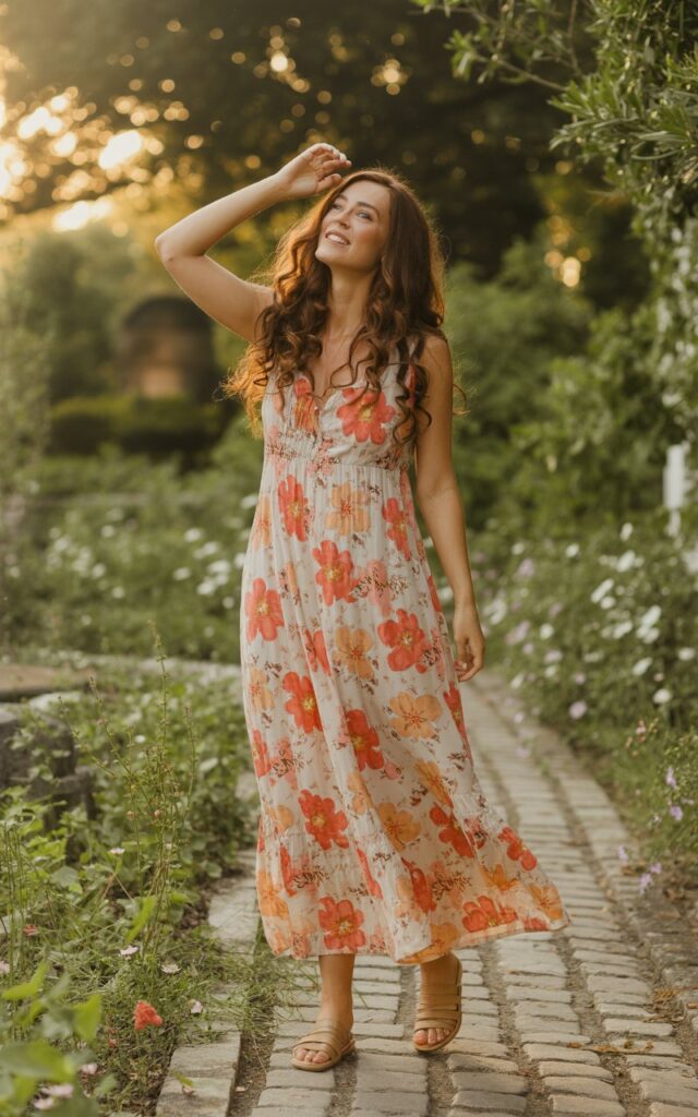 Full-body photo of a white-skinned woman with long wavy brown hair, standing in a sunlit garden path during golden hour. She wears a flowing cotton maxi dress with bold floral prints and soft sandals. The fabric moves gently in the breeze. She smiles softly, one hand brushing her hair, bathed in warm natural light.
