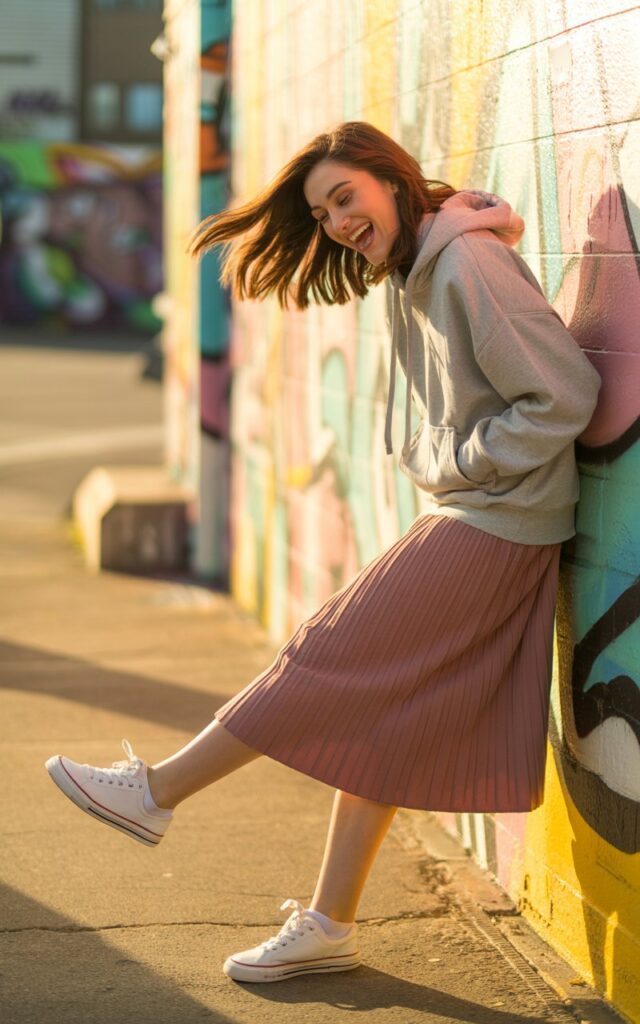 Full-body photo of a white-skinned woman with medium-length brown hair, leaning against an urban mural. She wears a soft gray hoodie tucked slightly into a flowing blush pleated skirt and white sneakers. Golden afternoon light adds warmth as she laughs candidly, one foot lifted playfully.