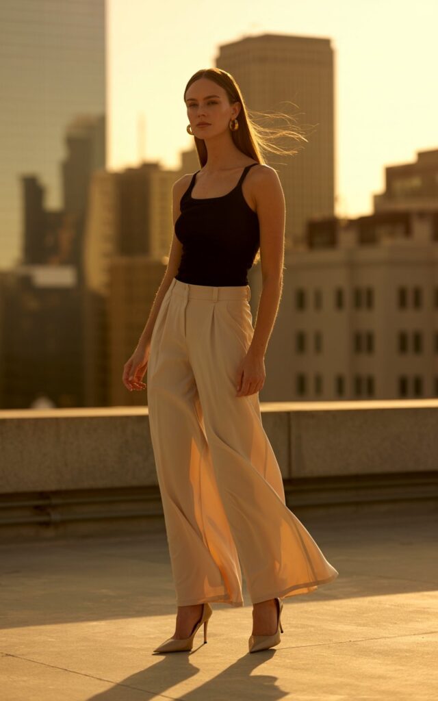 Full-body photo of a white-skinned woman with straight light brown hair, standing confidently on an urban rooftop. She wears cream wide-leg trousers, a fitted black tank, and nude heels. Gold hoop earrings and sleek hair elevate the look. Soft sunset lighting adds warmth and sophistication.