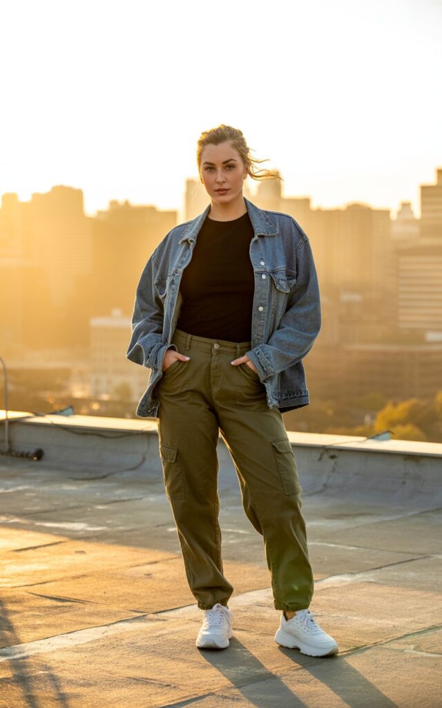 Full-body photo on a city rooftop during golden hour. The model wears a faded denim jacket, fitted black tee, khaki cargo pants, and chunky sneakers. Hair is in a messy bun with wisps blowing in the wind. She stands strong and confident, hands in pockets, looking directly at the camera.