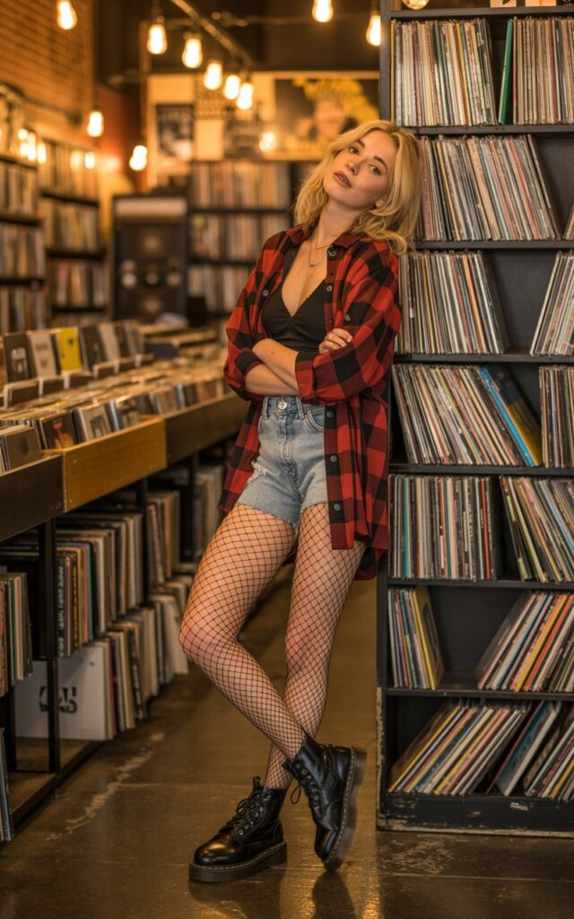 Full-body portrait at an indie record store. Model wears an open plaid flannel shirt over a black fishnet bodysuit, denim shorts, and Doc Martens. Soft indoor lighting with warm tones. Pose leaning against a vinyl rack, casual expression, subtle smirk, authentic urban feel.