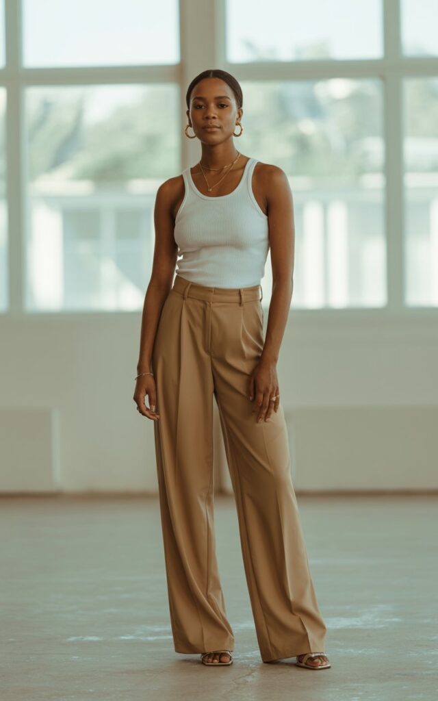 Full-body portrait in a modern indoor studio with soft window light. The model wears a fitted ribbed white tank, high-waisted tan wide-leg trousers, minimalist sandals, and delicate gold jewelry. Her hair is sleek and straight, tucked behind her ears. Lighting is soft and diffused. She stands tall with a clean, confident pose, hands at her sides.