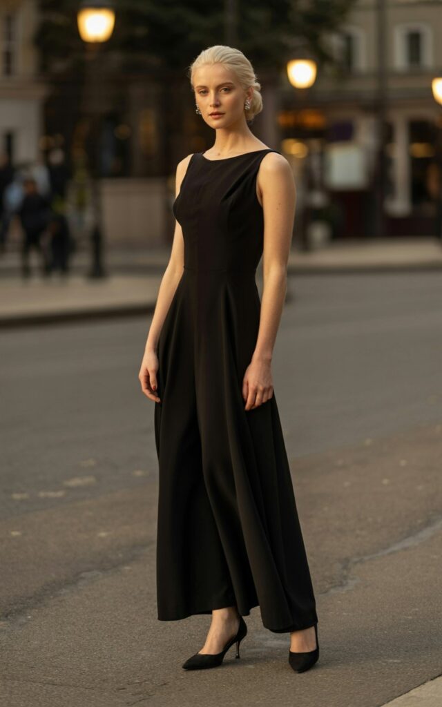 Full-body portrait of a fair-skinned model in a classic black gown with clean lines, paired with minimal jewelry and black heels. She stands on a quiet evening street lit by soft golden streetlamps. Her hair is styled in a polished bun. She stands gracefully with a calm expression. Realistic lighting, natural shadows, and authentic skin texture complete the scene.