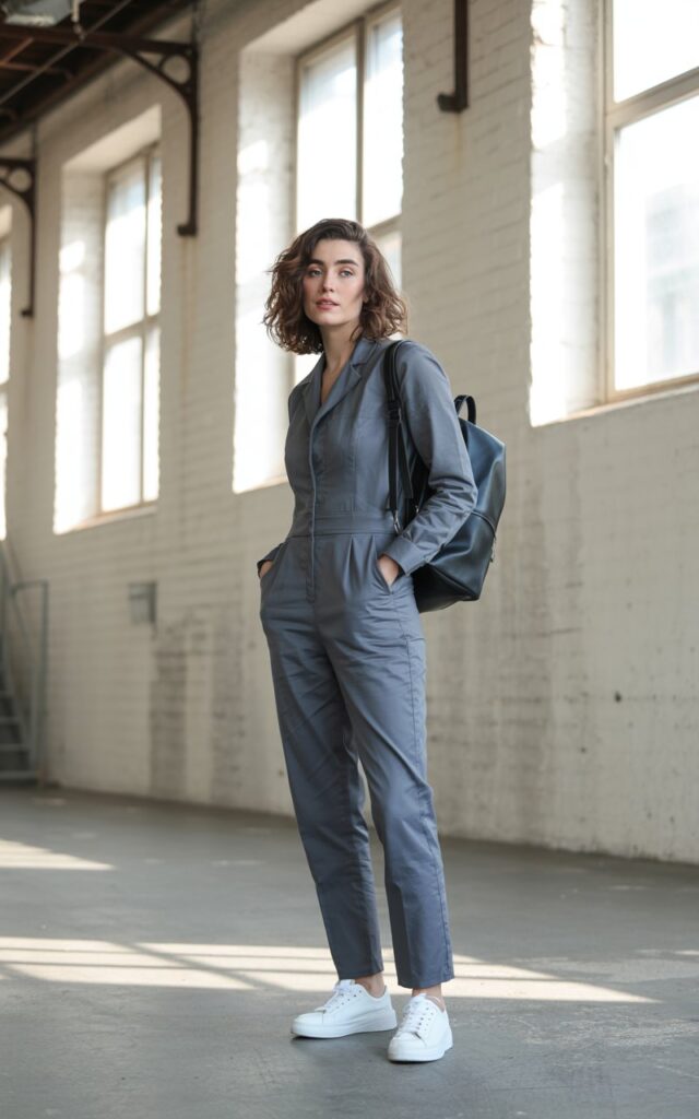 Full-body portrait on a warehouse-style urban backdrop. She wears a slate-gray cotton jumpsuit with a defined waist, white minimalist sneakers, and a simple backpack. Hair is shoulder-length and tousled. Harsh directional daylight for a bold, editorial feel. She stands with hands in pockets, looking effortlessly cool.