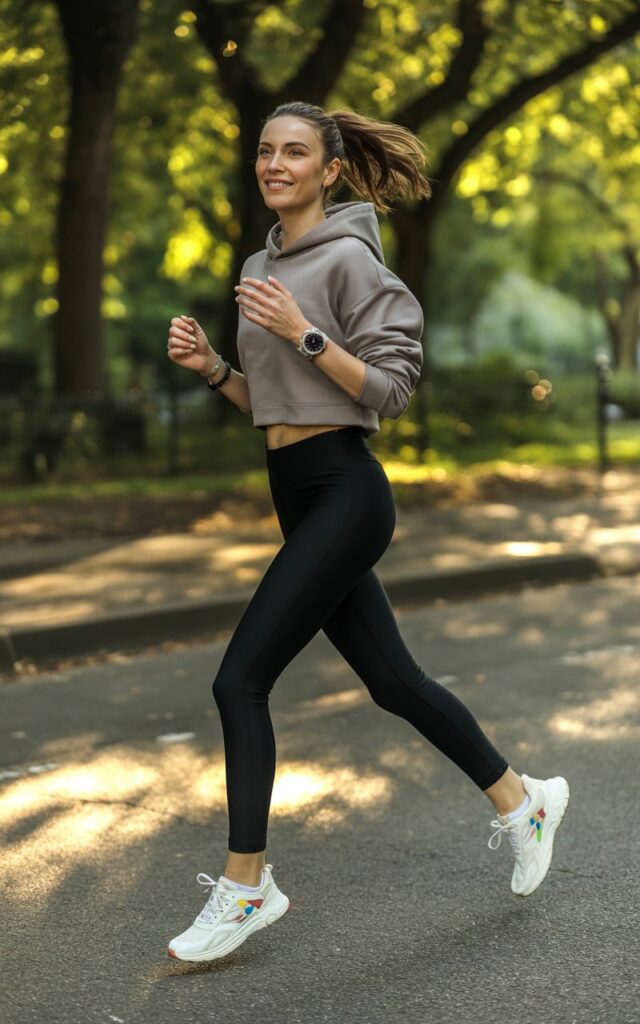Full-body pose of a white-skinned woman jogging lightly on a park pathway. She wears black leggings, a gray cropped hoodie, chunky sneakers, and a sporty watch. Her hair is in a high ponytail swinging naturally. Bright daylight filtering through trees. Her expression is energetic and cheerful.