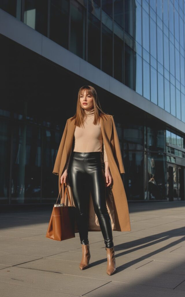 Full-body pose outside a modern glass building. She wears black leggings, a camel longline coat, a beige turtleneck, ankle boots, and a structured tote. Hair is straight and glossy. Dramatic natural daylight with long shadows. She stands tall, looking elegant and city-chic.
