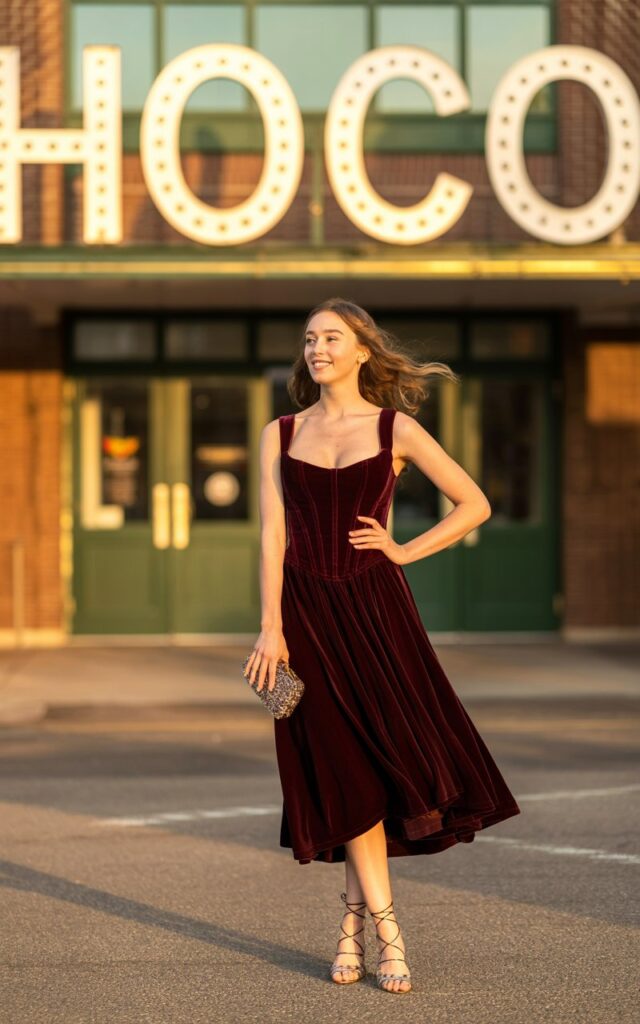 Full-body realistic shot of a white-skinned girl in a structured corset-style hoco dress in deep burgundy, paired with lace-up heels and a small clutch. She poses at the entrance of the school with marquee lights spelling “HOCO.” Evening golden-hour lighting adds soft shadows. Natural pose with a slight smile, shot on a 50mm lens.