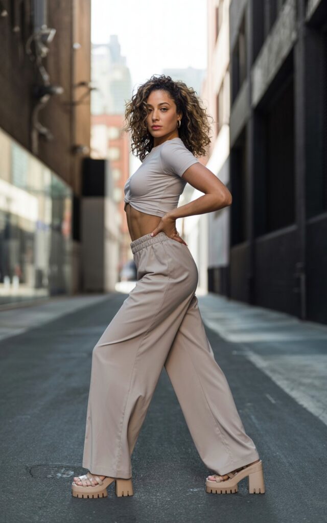 Full-body shot in a chic city alley. She wears a fitted cropped baby tee, wide-leg pants, and platform sandals. Hair is styled in voluminous waves. She poses with one hand on her hip, gaze strong and stylish.