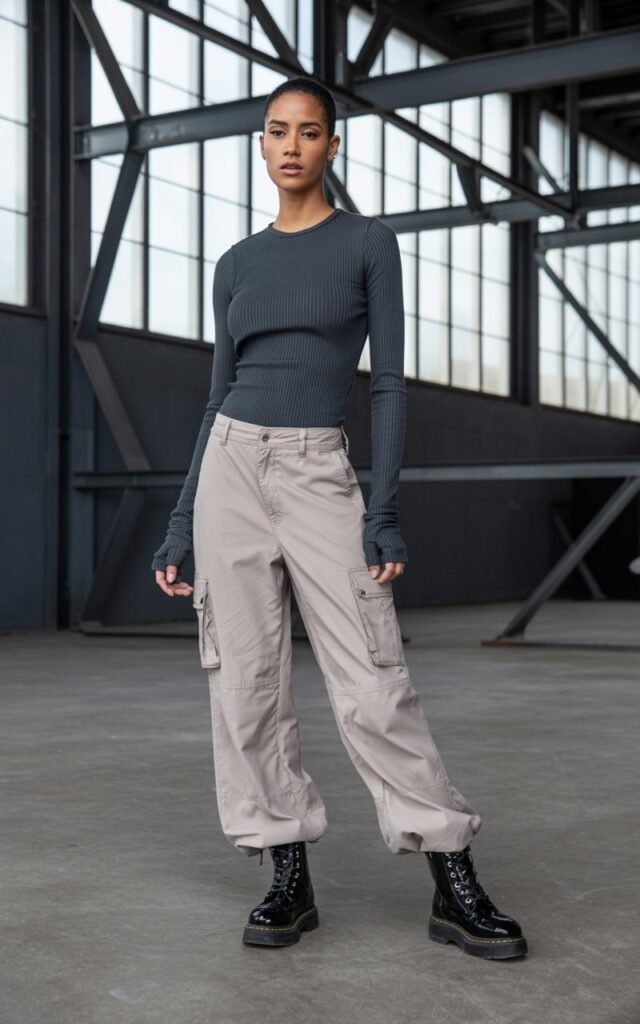 Full-body shot in a modern industrial warehouse setting. Model wears a fitted ribbed long-sleeve top, beige cargo pants, and combat boots. Dramatic natural side lighting from large windows. She stands with a bold, grounded pose. Realistic shadows and detailed clothing folds.