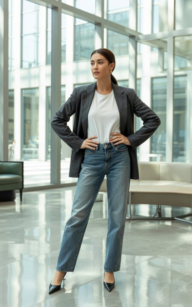 Full-body shot in a modern office lobby. She wears a gray tailored blazer, white tee, medium-wash straight jeans, and pointed flats. Hair is in a smooth ponytail. Clean indoor lighting with natural highlights. She stands with hands on hips, confident and polished.