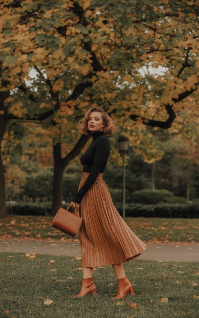 Full-body shot in a park during early fall. Model wears a fitted black turtleneck, camel pleated midi skirt, ankle boots, and a structured handbag. Hair is in a half-up hairstyle with soft waves. Soft golden hour lighting. She stands gracefully with one foot slightly forward, expression serene.