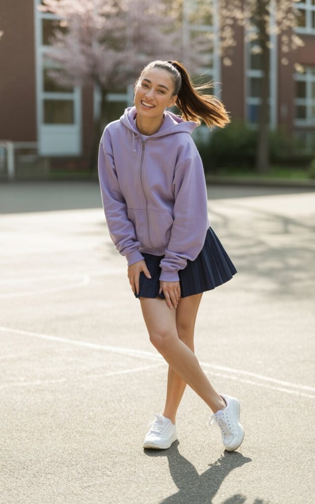 Full-body shot in a school courtyard during mild spring light. She wears a pastel zip-up hoodie, a short pleated skirt, and sneakers. Hair is in a high ponytail. She stands playfully with one leg bent, giving a cute, confident smile.