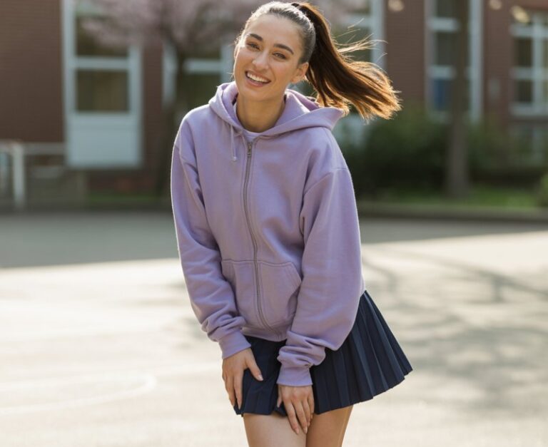 Full-body shot in a school courtyard during mild spring light. She wears a pastel zip-up hoodie, a short pleated skirt, and sneakers. Hair is in a high ponytail. She stands playfully with one leg bent, giving a cute, confident smile.